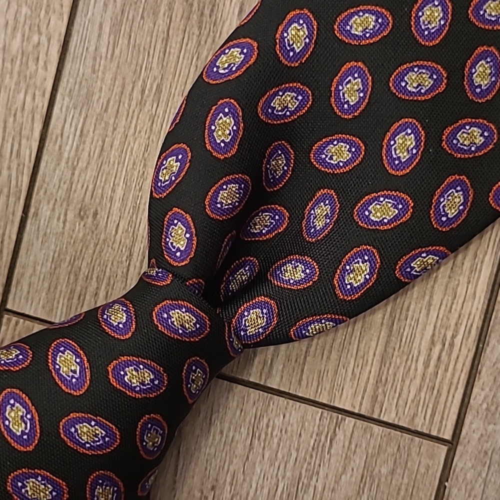 ROBERT JENSEN x‎ BRIONI Italy Black Purple Oval Pattern Hand Sewn Mens Silk Tie